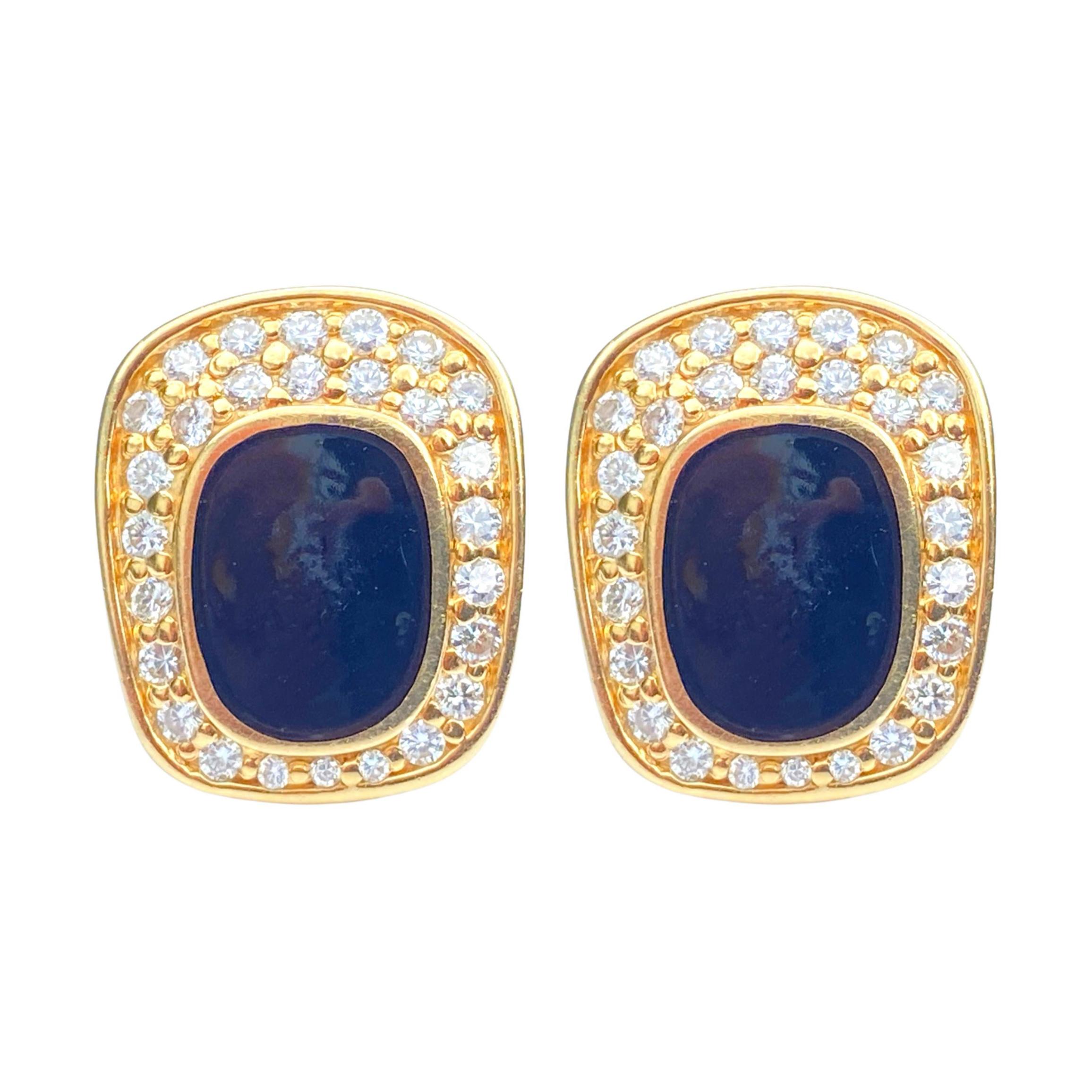 Black Onyx and Round-Brilliant Cut Diamond 14k Yellow Gold Earrings For Sale