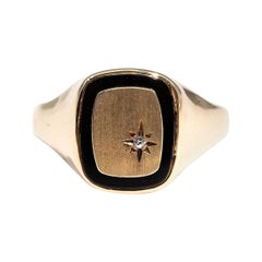 Vintage Black Onyx and Round Brilliant Diamond Mens Signet Ring 9 Carat Yellow Gold Ring