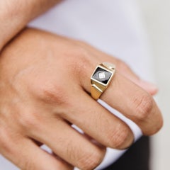 Black Onyx and Round Diamond Men's Vintage Signet Ring in 9 Carat Yellow Gold