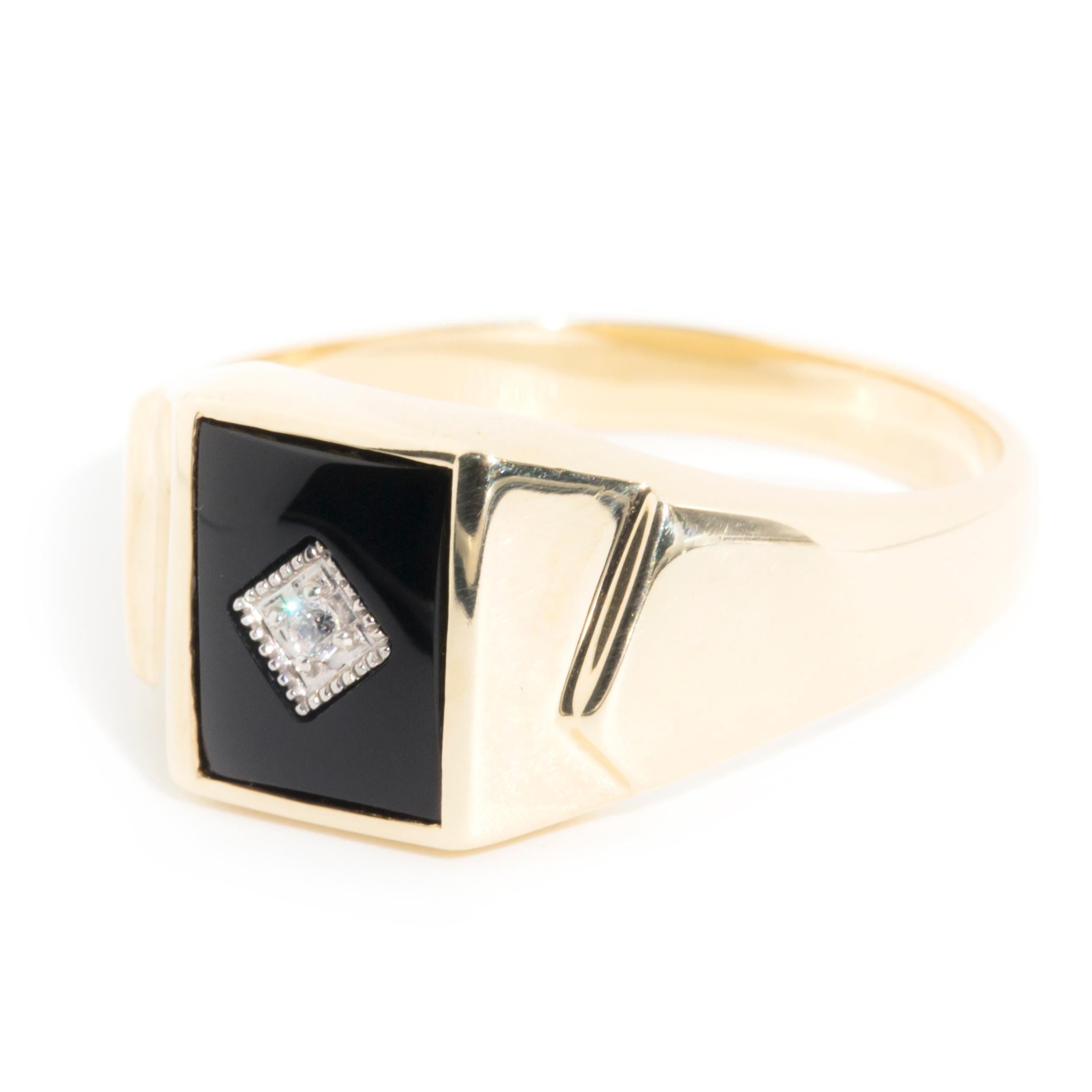 Emerald Cut Black Onyx and Round Diamond Men's Vintage Signet Ring in 9 Carat Yellow Gold