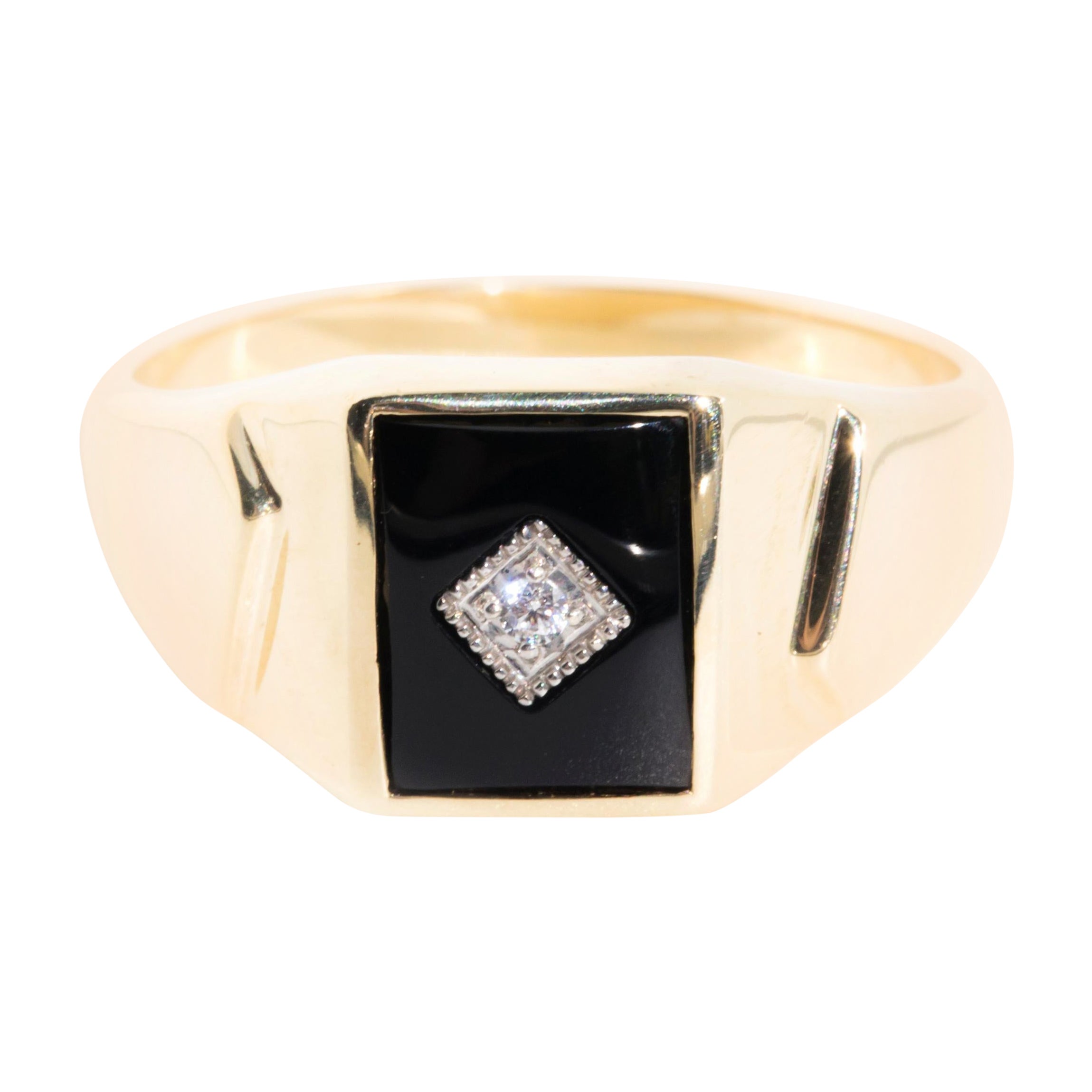 Schwarzer schwarzer Onyx und runder Diamant Herren Vintage Siegelring aus 9 Karat Gelbgold