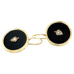 Vintage Black Onyx and Seed Pearl Disc Earrings in 14 Karat Gold, 1940s