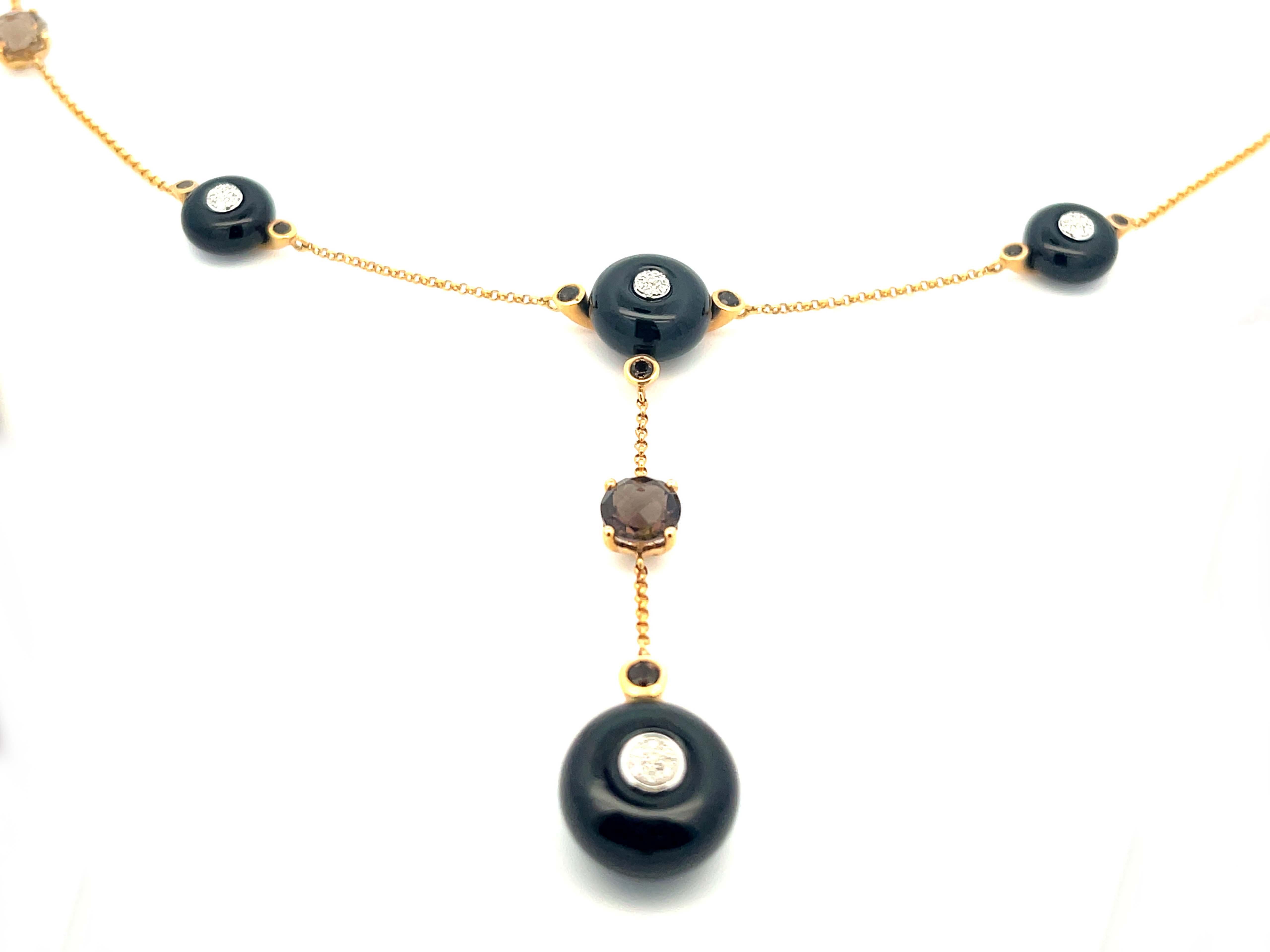 Modern Black Onyx and Smokey Topaz Necklace in 14k Yellow Gold For Sale