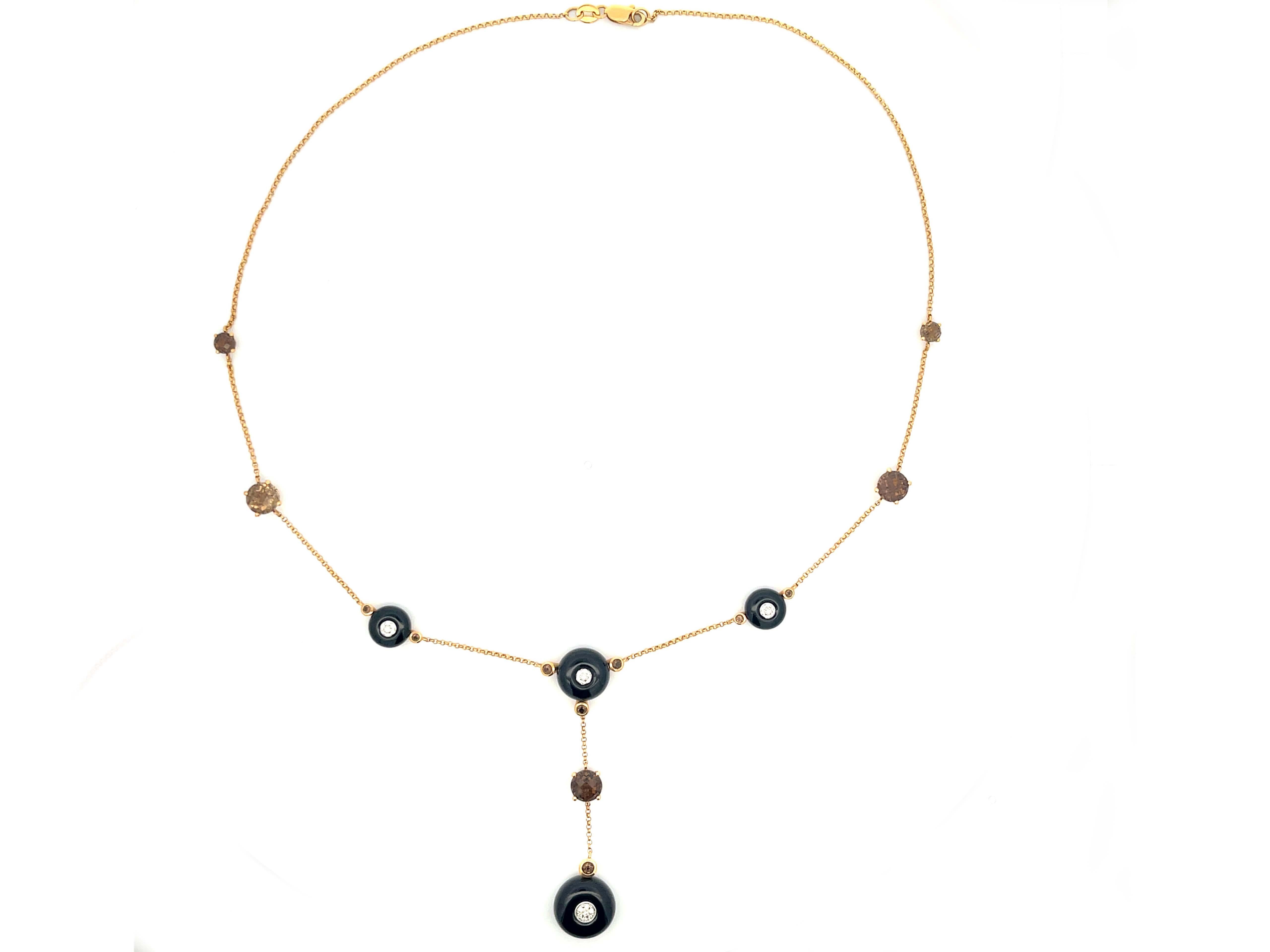 Brilliant Cut Black Onyx and Smokey Topaz Necklace in 14k Yellow Gold For Sale