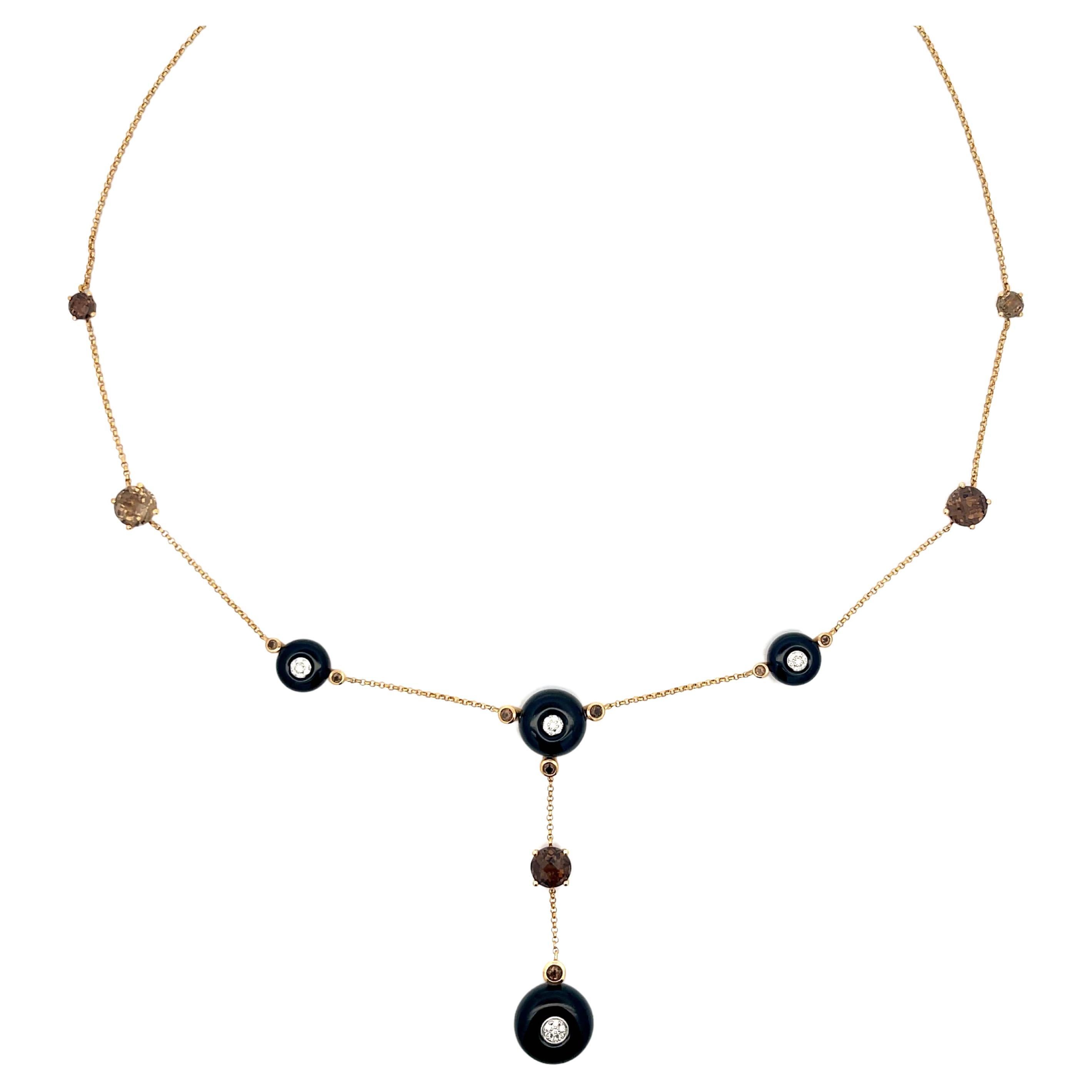 Black Onyx and Smokey Topaz Necklace in 14k Yellow Gold For Sale
