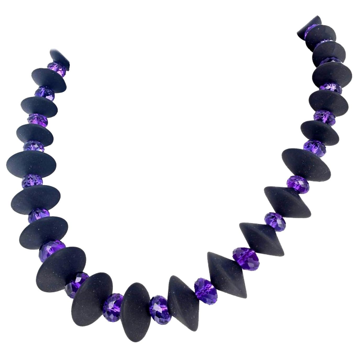 AJD Art Deco Inspired Black Onyx and Sparkling Purple Amethyst Necklace