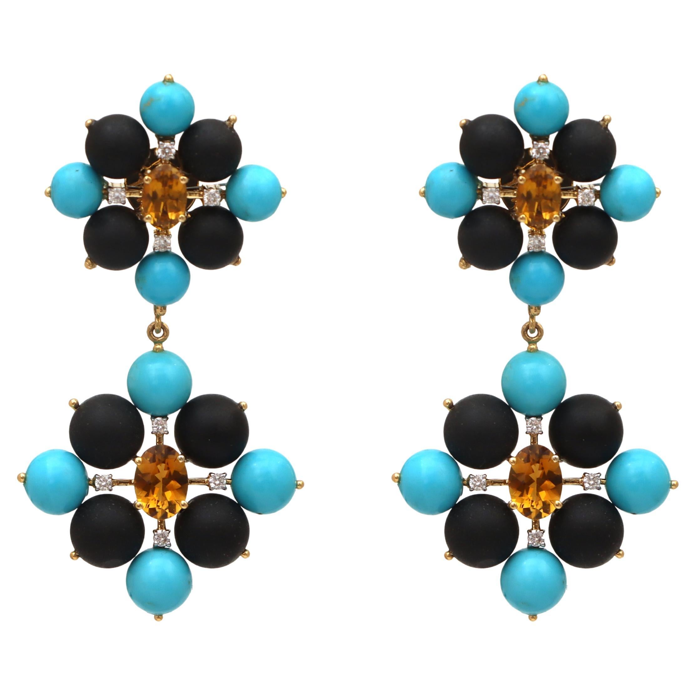 Orecchini in onice nera e tormalina, Orecchini in oro giallo 18k con turchese in vendita