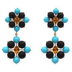 Black onyx and tourmaline Earrings, 18k Yellow Gold Turquoise Earrings