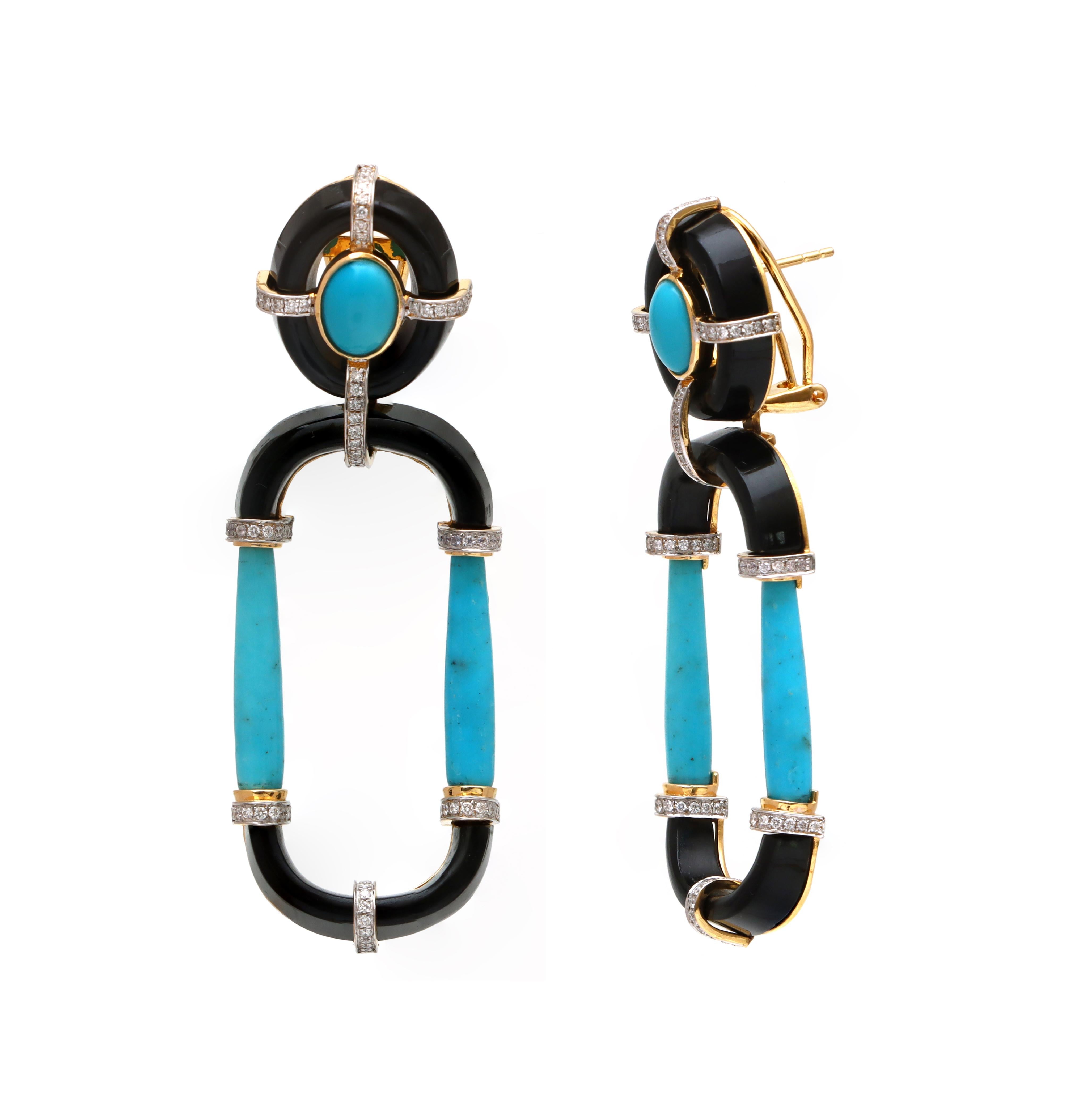 Pendiente De Ónix Negro Y Turquesa Oro Amarillo 18k Con Diamantes Joyas Para Ella Art Nouveau en venta
