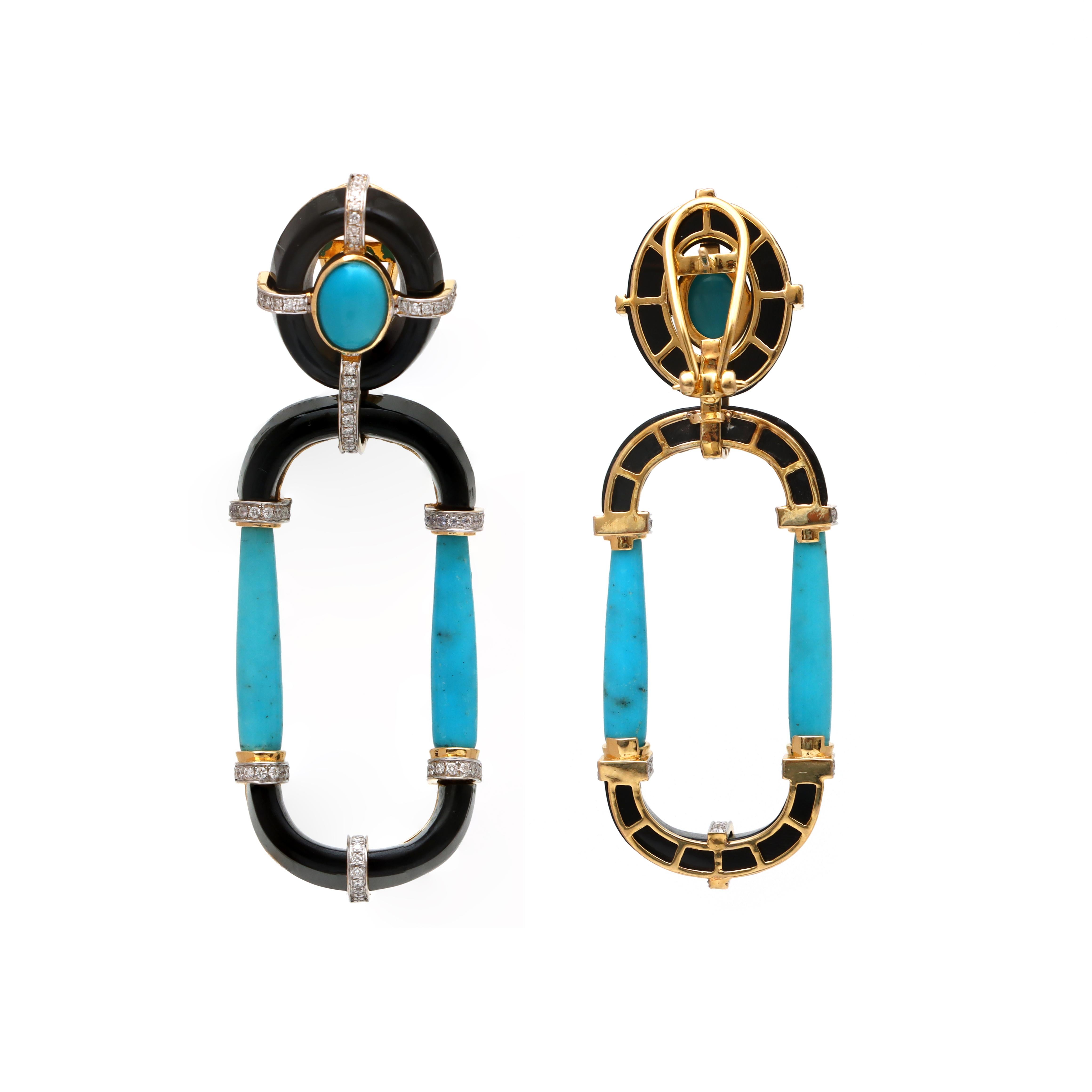 Pendiente De Ónix Negro Y Turquesa Oro Amarillo 18k Con Diamantes Joyas Para Ella Corte oval en venta