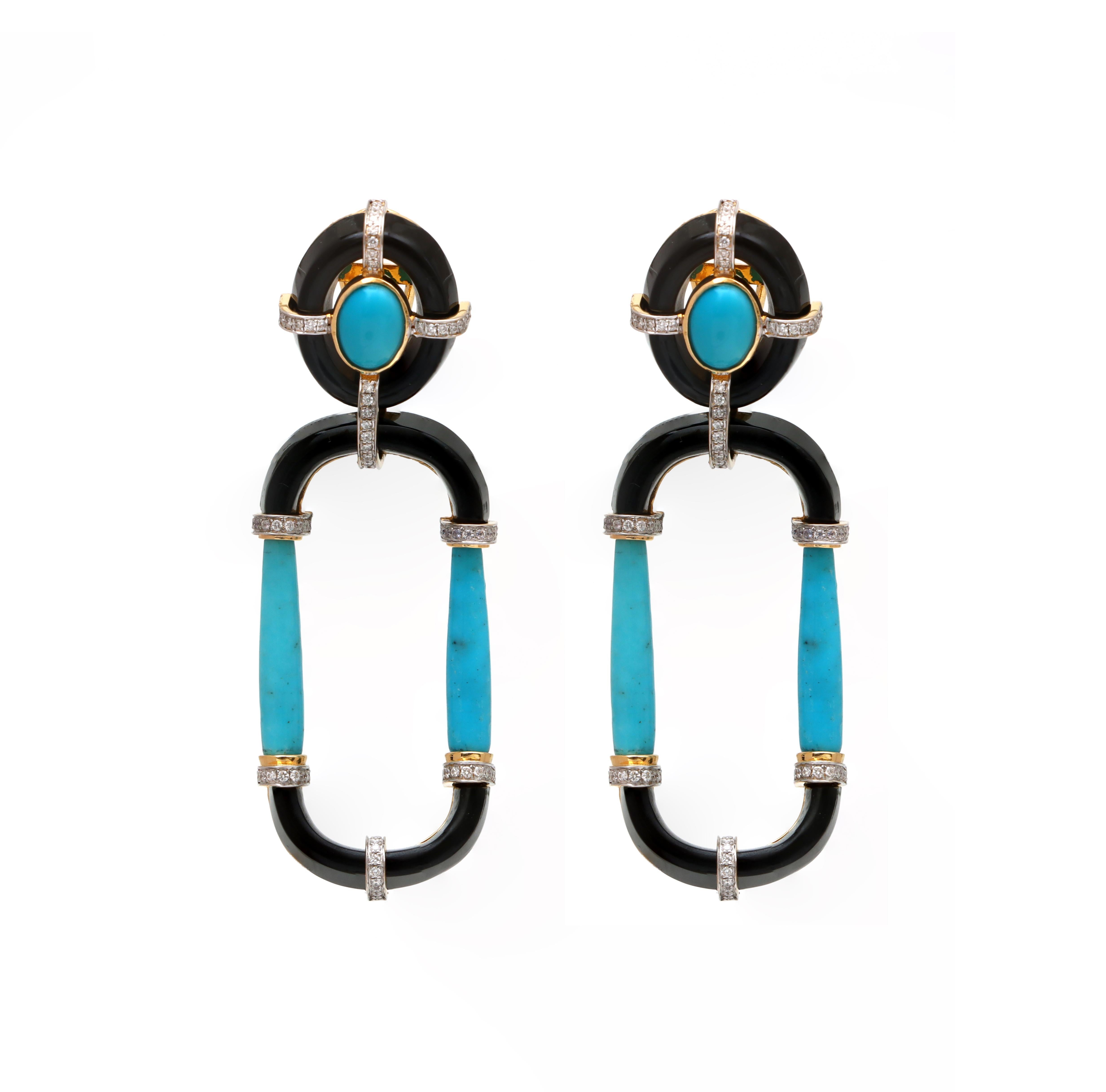 Pendiente De Ónix Negro Y Turquesa Oro Amarillo 18k Con Diamantes Joyas Para Ella en Nuevo estado para la venta en Jaipur, IN