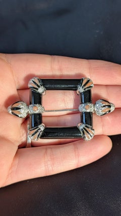 Black Onyx Angel Skin Coral and Diamond 18K White Gold Brooch