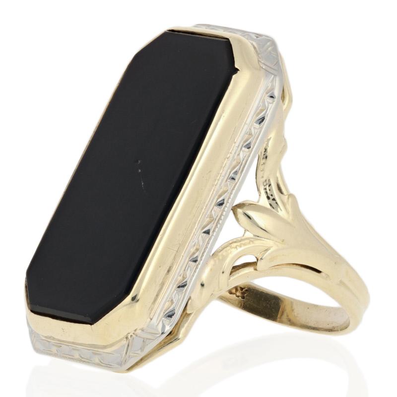 Black Onyx Art Deco Ring, 10k Yellow Gold Women's Vintage Cocktail Solitaire 2