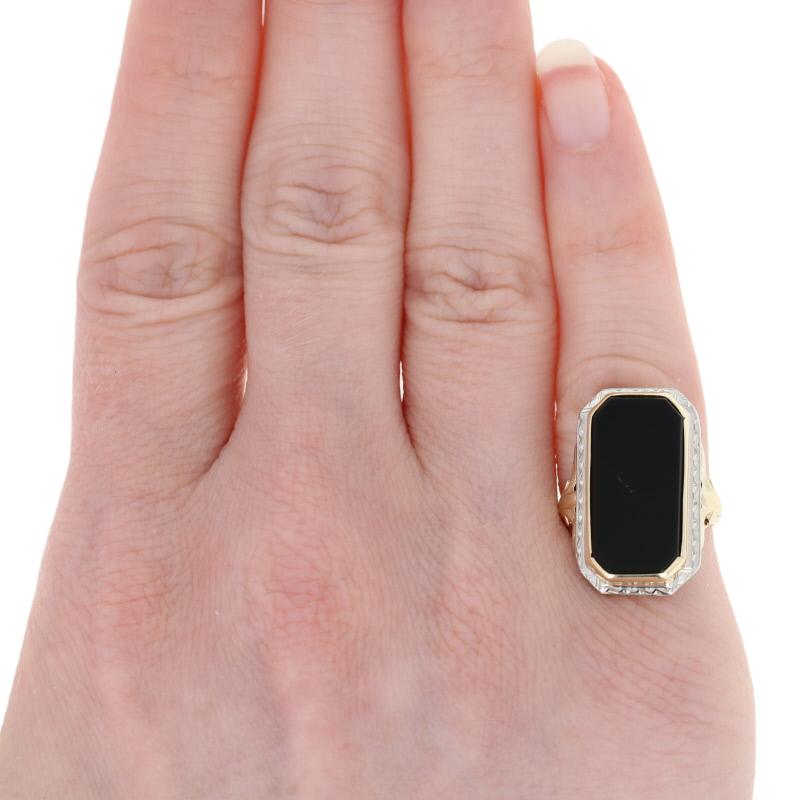 Black Onyx Art Deco Ring, 10k Yellow Gold Women's Vintage Cocktail Solitaire 3