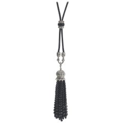 Black Onyx Bead and Diamond Tassel Pendant Necklace, circa 1930