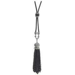 Vintage Black Onyx Bead and Diamond Tassel Pendant Necklace, Circa 1930