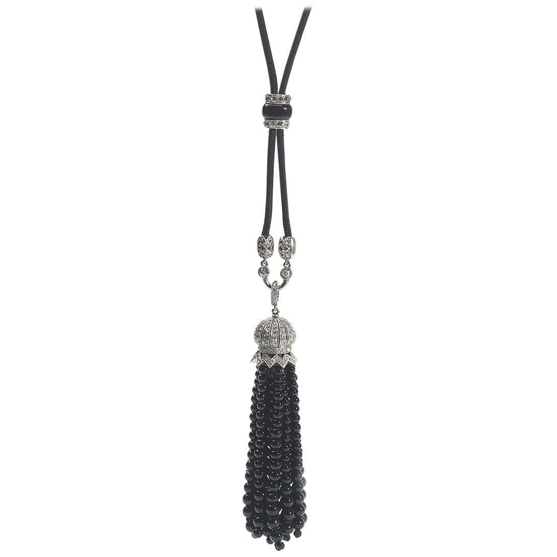 Black Onyx Bead and Diamond Tassel Pendant Necklace, Circa 1930 For Sale
