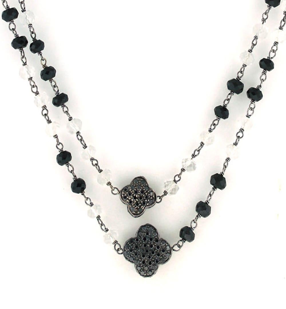 Artisan Black Onyx Beads & Quartz Chain Neckalce With Diamonds For Sale
