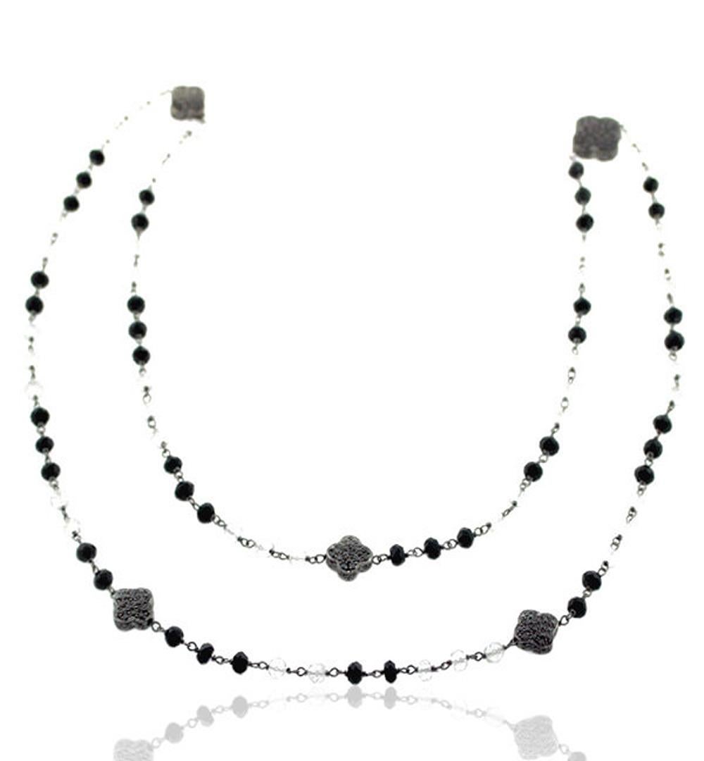 Mixed Cut Black Onyx Beads & Quartz Chain Neckalce With Diamonds For Sale
