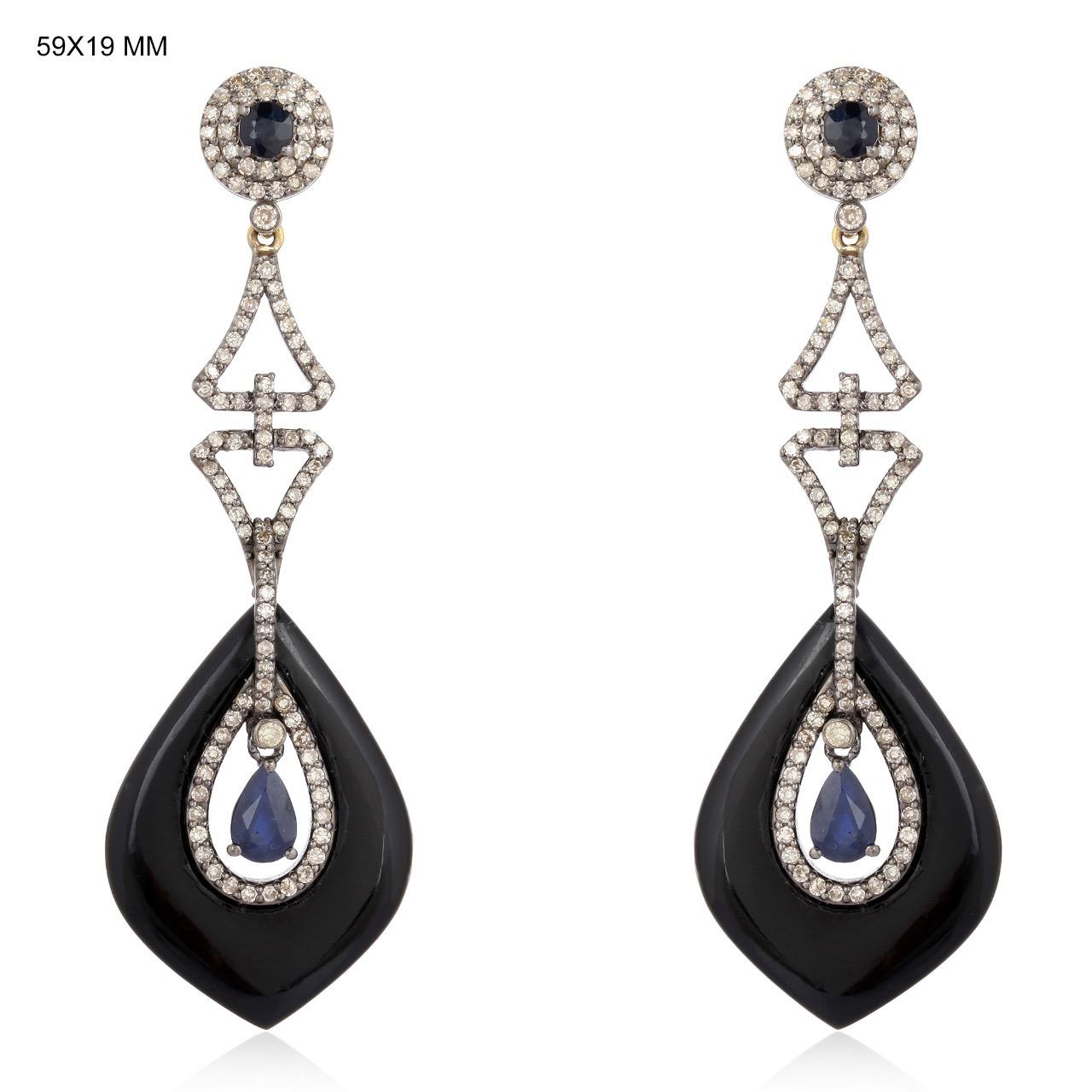 Contemporain Boucles d'oreilles en onyx noir, saphir bleu et diamant en vente