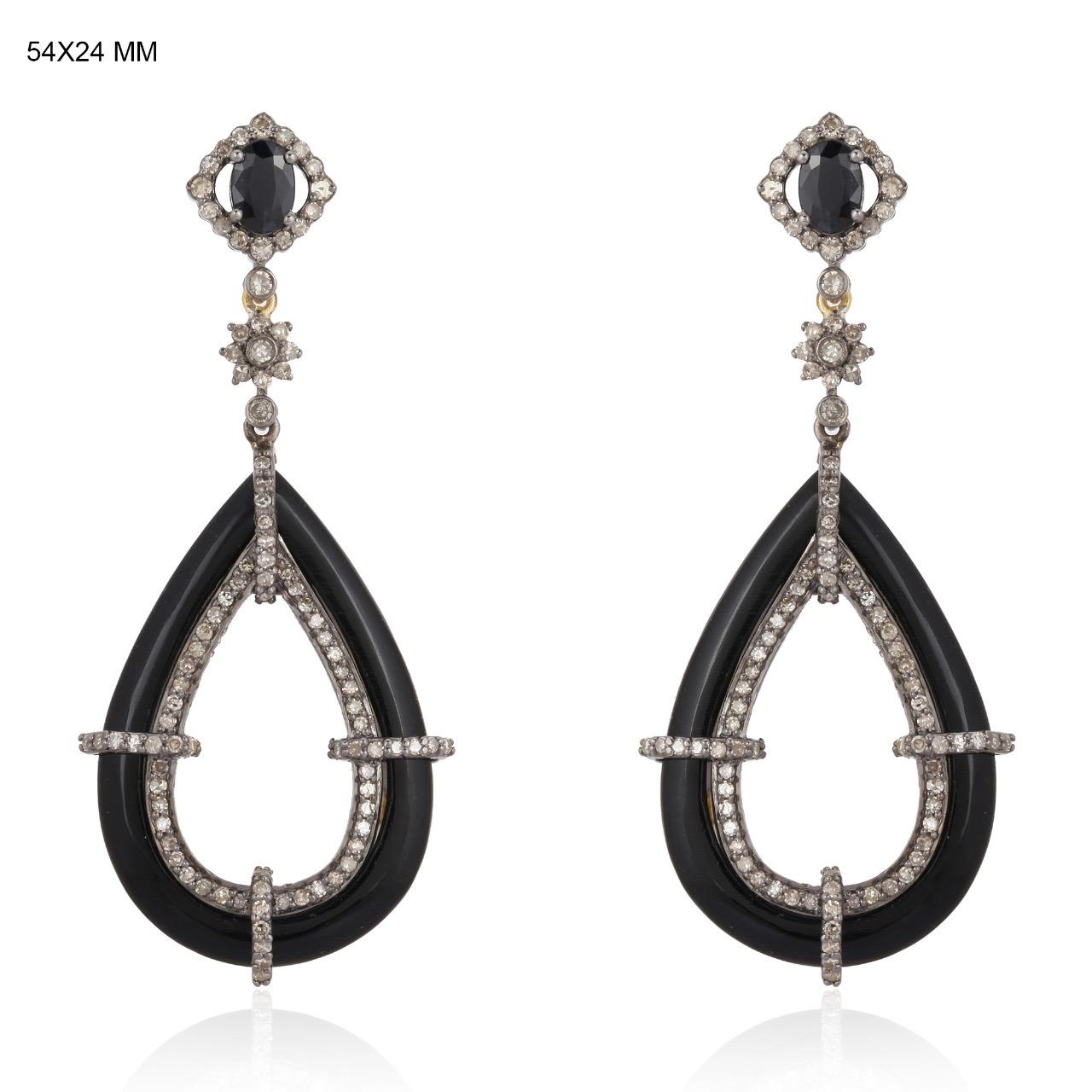 Contemporary Black Onyx Blue Sapphire Diamond Earrings For Sale