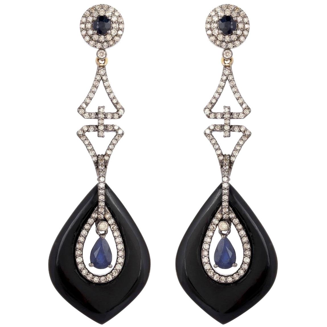 Black Onyx Blue Sapphire Diamond Earrings For Sale