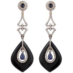 Black Onyx Blue Sapphire Diamond Earrings