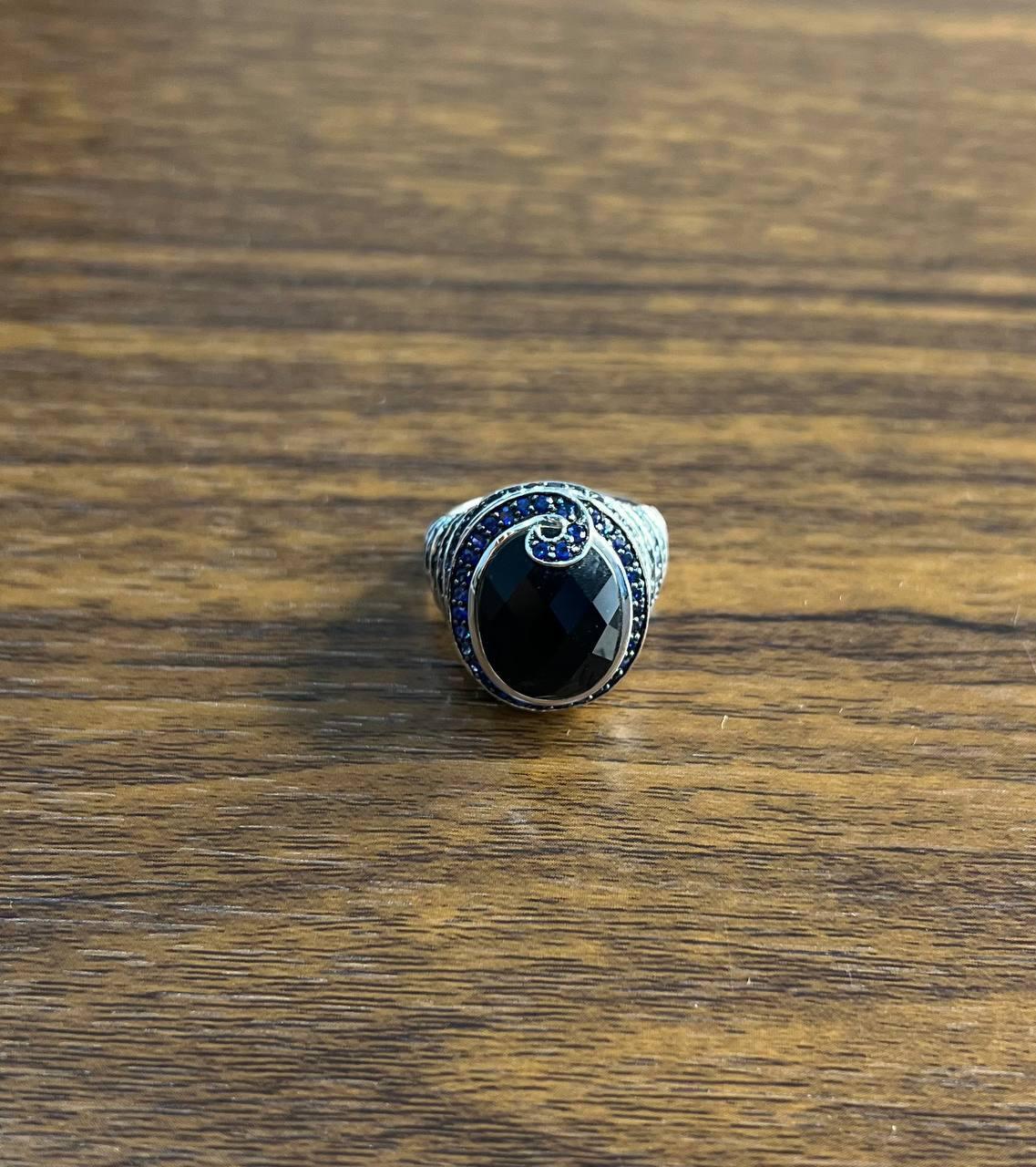 Oval Cut Black Onyx Blue Sapphire Halo Channel Set Swirl 14K White Gold Statement Ring For Sale