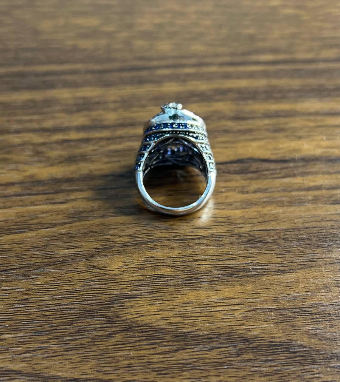 Black Onyx Blue Sapphire Halo Channel Set Swirl 14K White Gold Statement Ring In New Condition For Sale In Oakton, VA