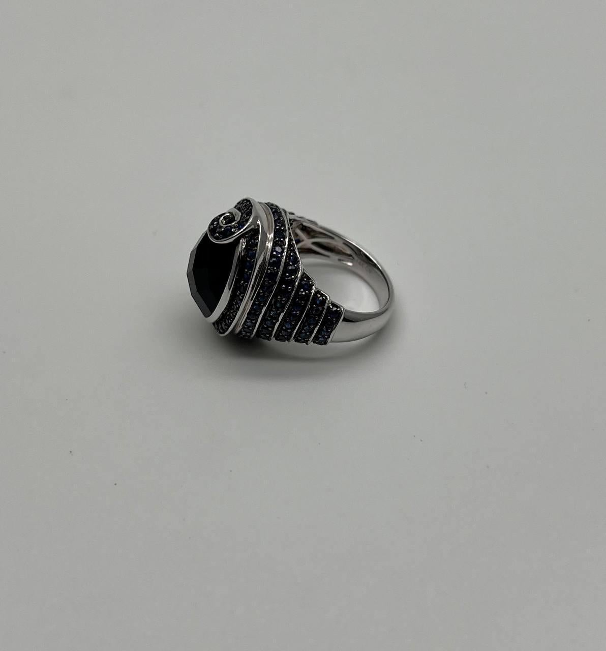 Women's Black Onyx Blue Sapphire Halo Channel Set Swirl 14K White Gold Statement Ring For Sale