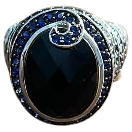 Black Onyx Blue Sapphire Halo Channel Set Swirl 14K White Gold Statement Ring For Sale