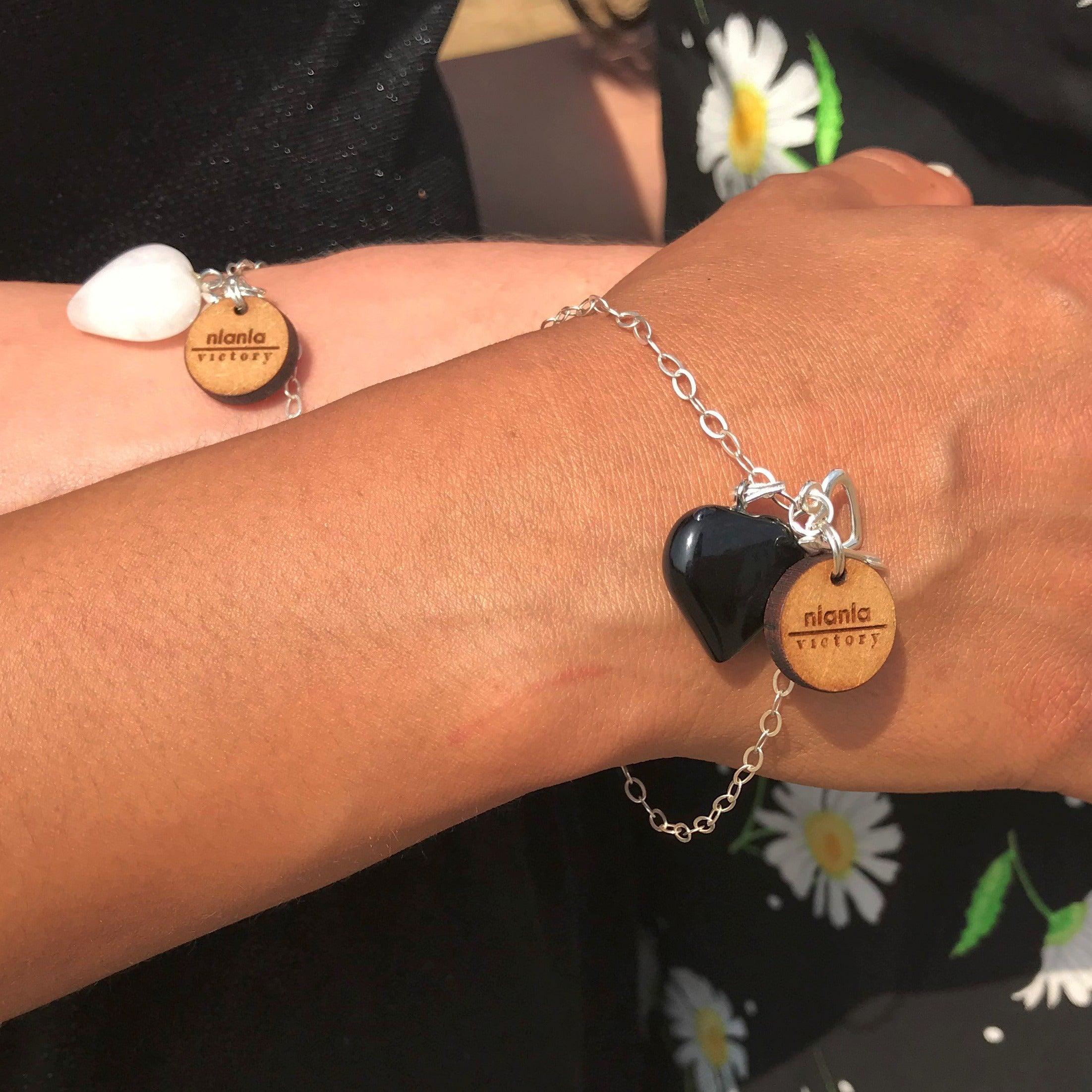 Black Onyx Bracelet, Sterling Silver Heart Bracelet, by nlanlaVictory In New Condition For Sale In London, GB