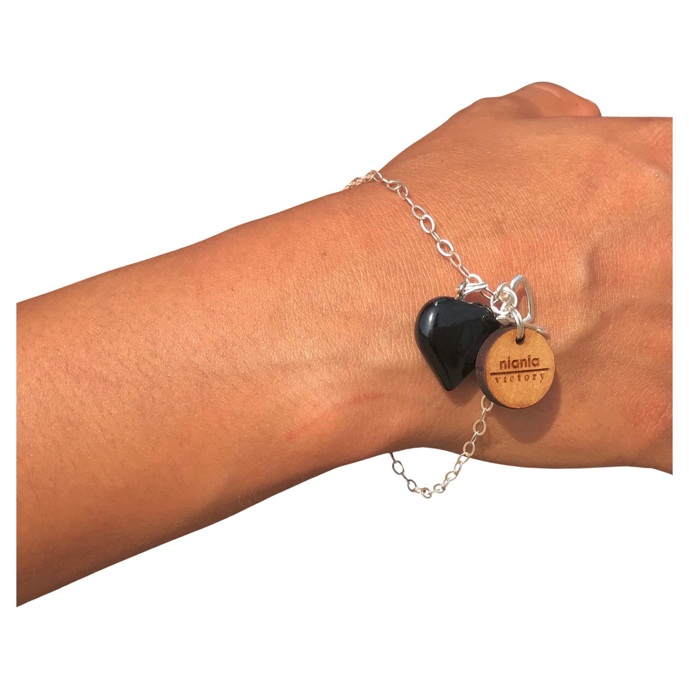 Black Onyx Bracelet, Sterling Silver Heart Bracelet, by nlanlaVictory