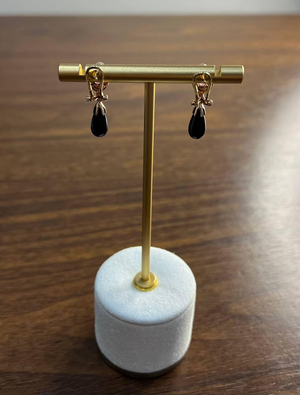 Black Onyx Briolette Black Diamonds Red Garnets Tear Drop 14K Rose Gold Earrings In New Condition For Sale In Oakton, VA