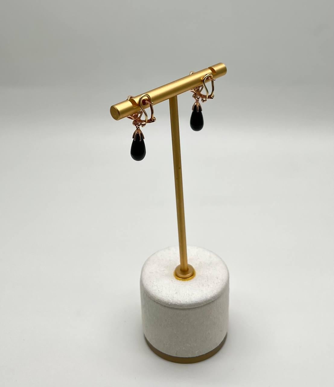 Black Onyx Briolette Black Diamonds Red Garnets Tear Drop 14K Rose Gold Earrings For Sale 2