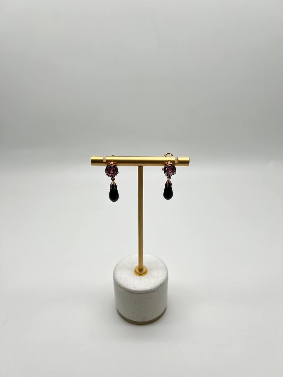 Black Onyx Briolette Black Diamonds Red Garnets Tear Drop 14K Rose Gold Earrings For Sale 4