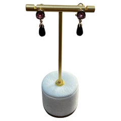 Black Onyx Briolette Black Diamonds Red Garnets Tear Drop 14K Rose Gold Earrings