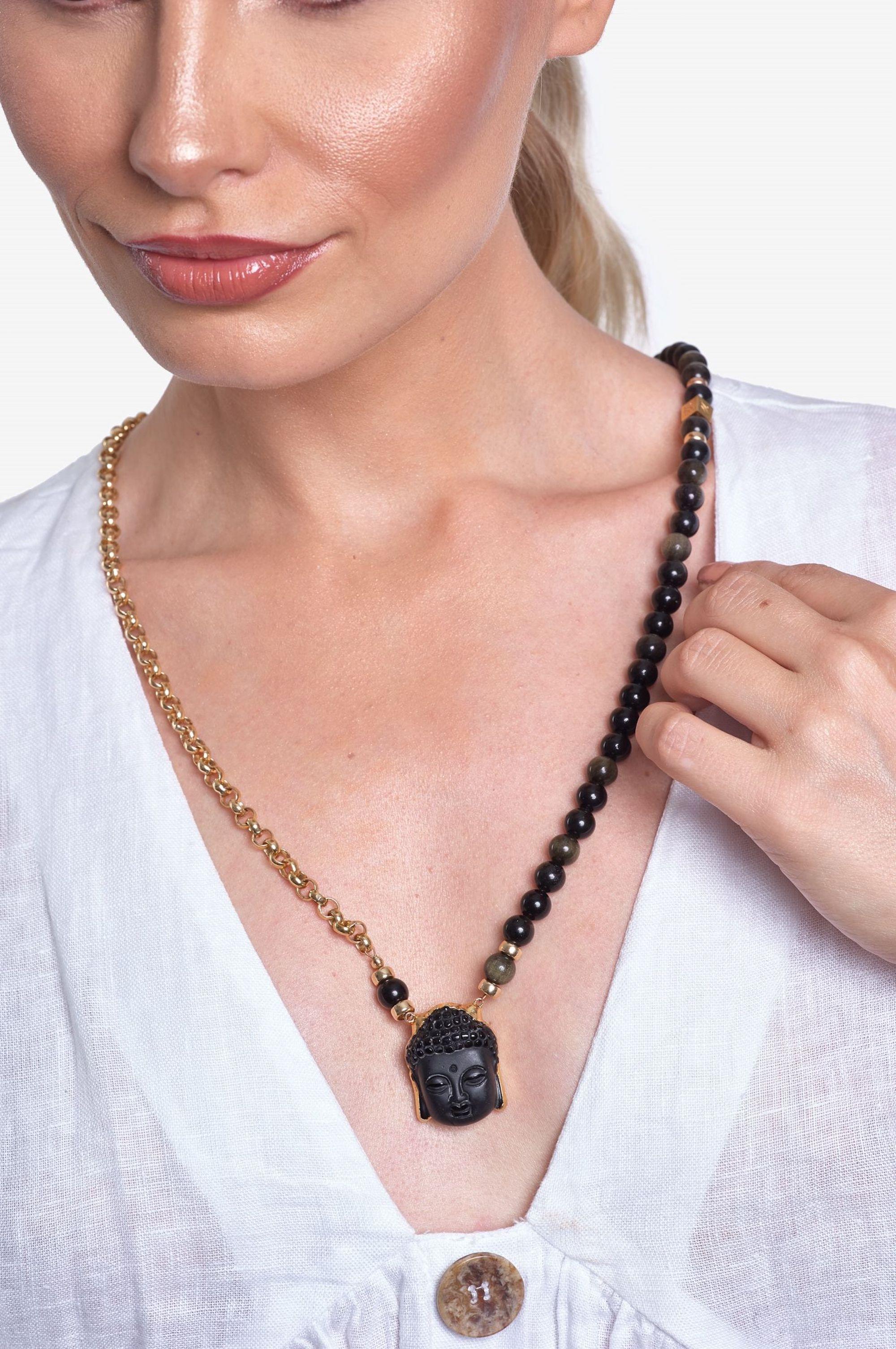 Round Cut Black Onyx Buddha Change Necklace  For Sale