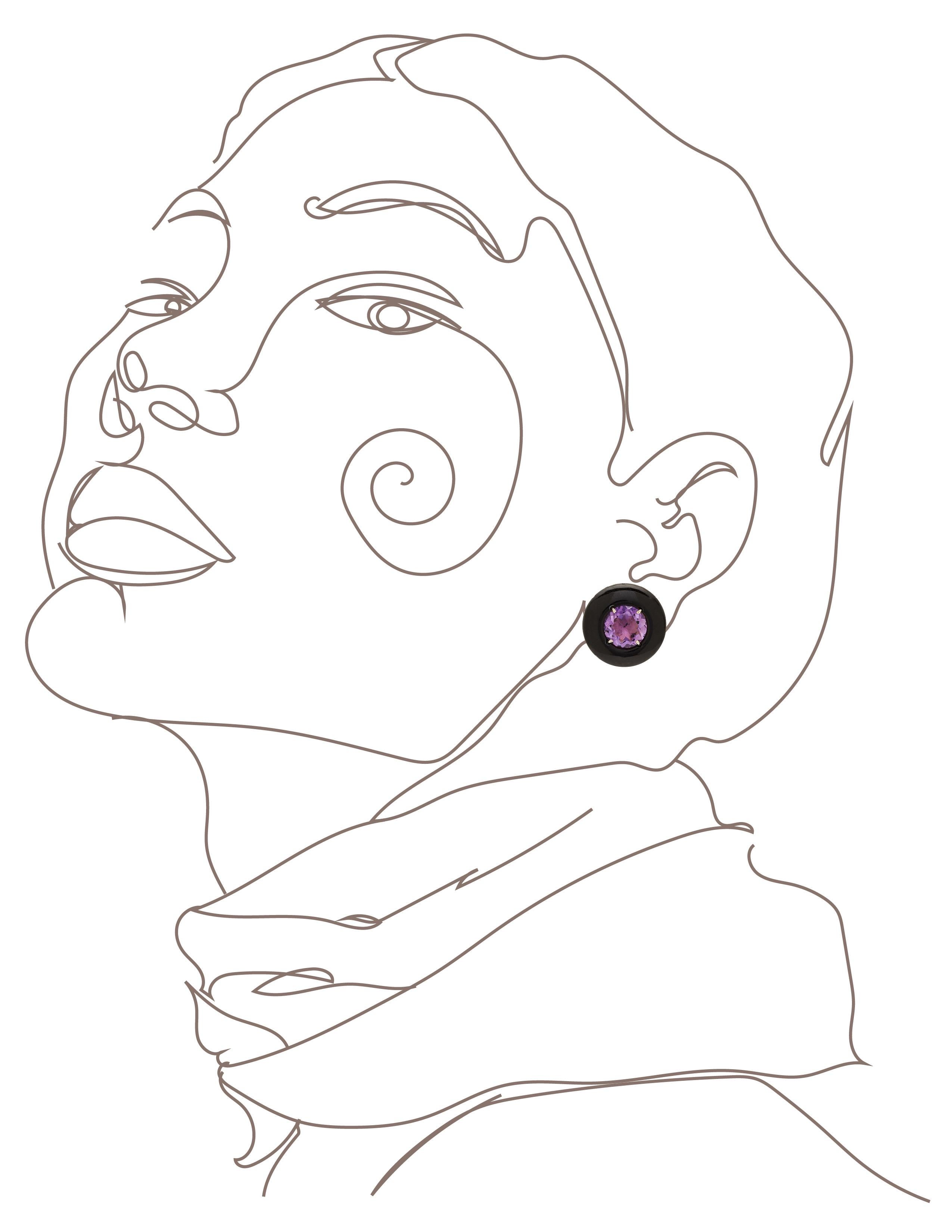 Contemporain Sorab & Roshi Boucles d'oreilles boutons en onyx noir avec centre en améthyste facettée en vente