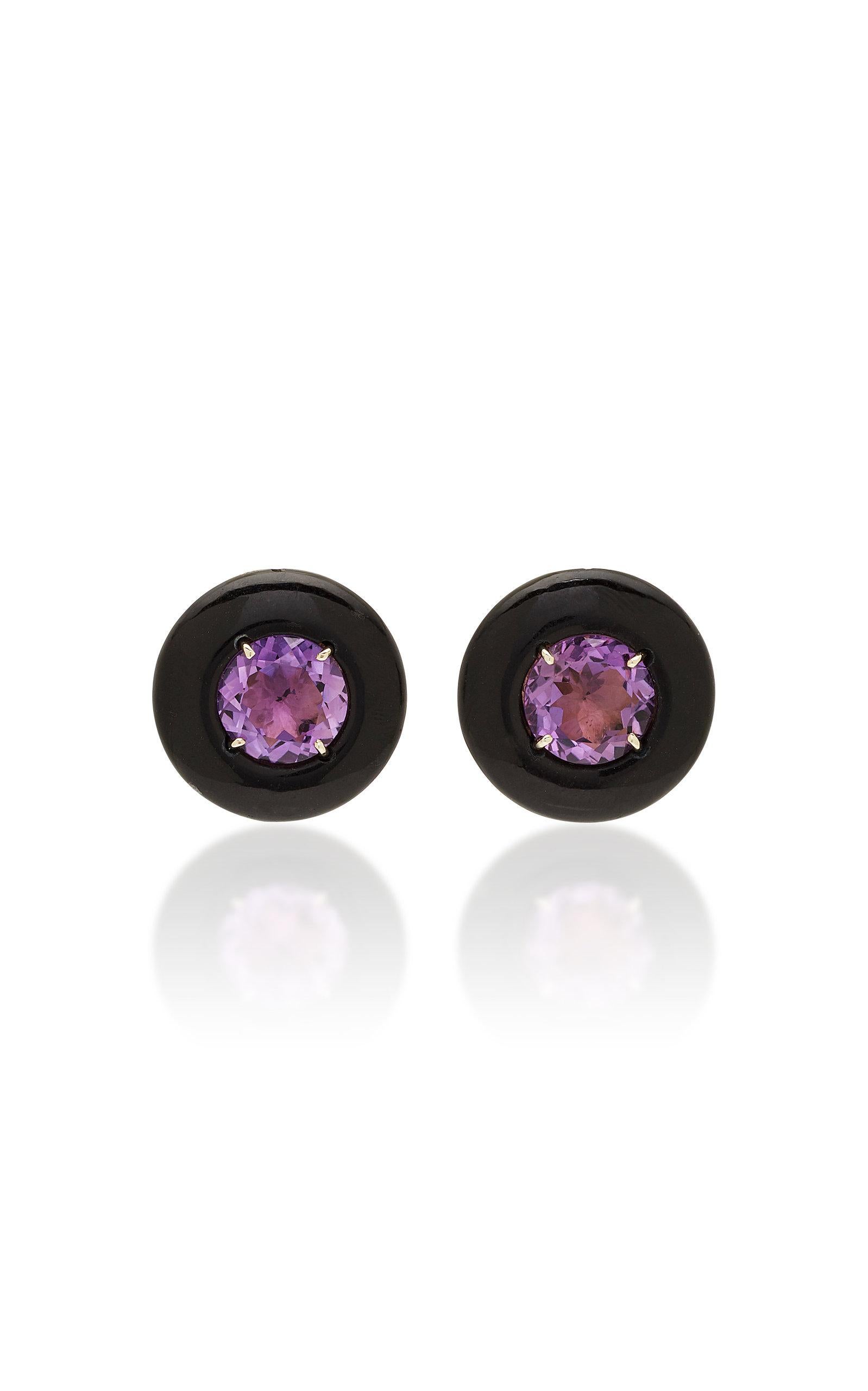 Sorab & Roshi Black Onyx Button Earrings with Faceted Amethyst Center In New Condition For Sale In Greenwich, CT