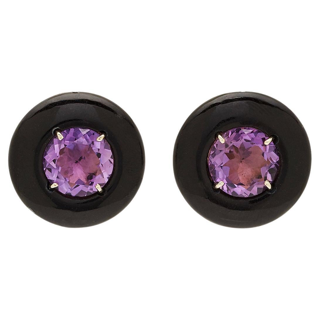 Sorab & Roshi Black Onyx Button Earrings with Faceted Amethyst Center