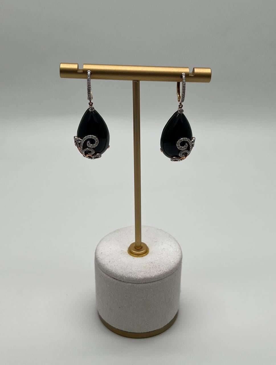 Modern Black Onyx Cabochon Diamond 18 Karat Rose Yellow Gold Floral Swirl Drop Earrings For Sale