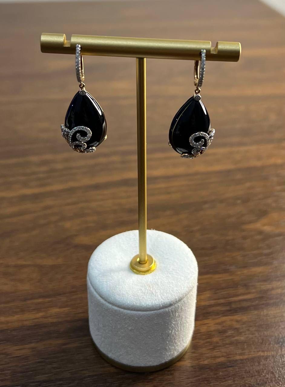 Black Onyx Cabochon Diamond 18 Karat Rose Yellow Gold Floral Swirl Drop Earrings In New Condition For Sale In Oakton, VA