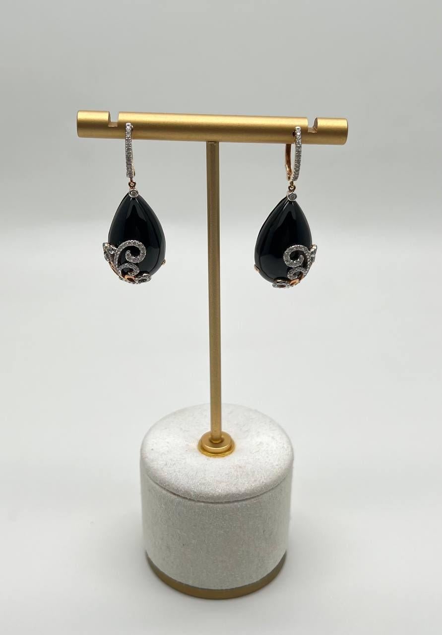 Women's Black Onyx Cabochon Diamond 18 Karat Rose Yellow Gold Floral Swirl Drop Earrings For Sale