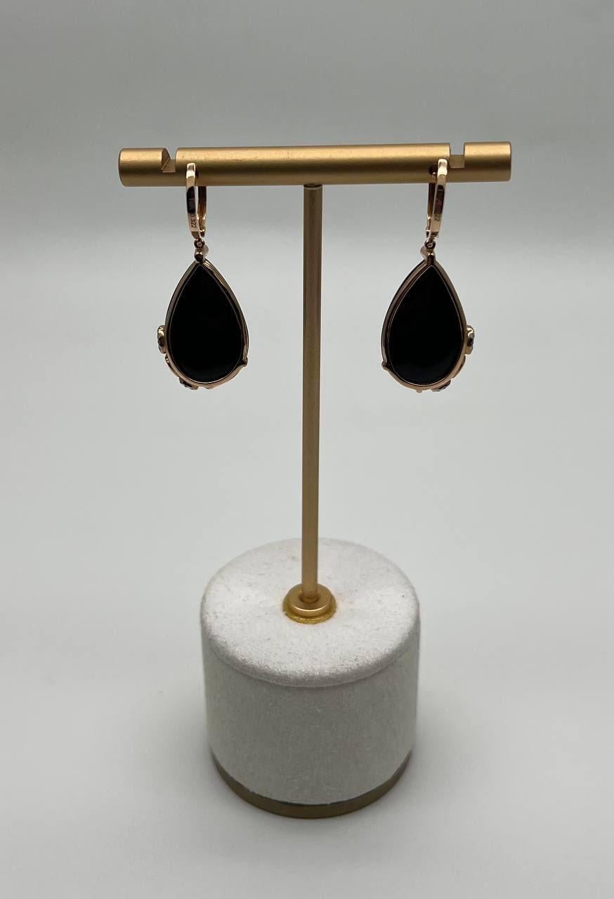 Black Onyx Cabochon Diamond 18 Karat Rose Yellow Gold Floral Swirl Drop Earrings For Sale 1