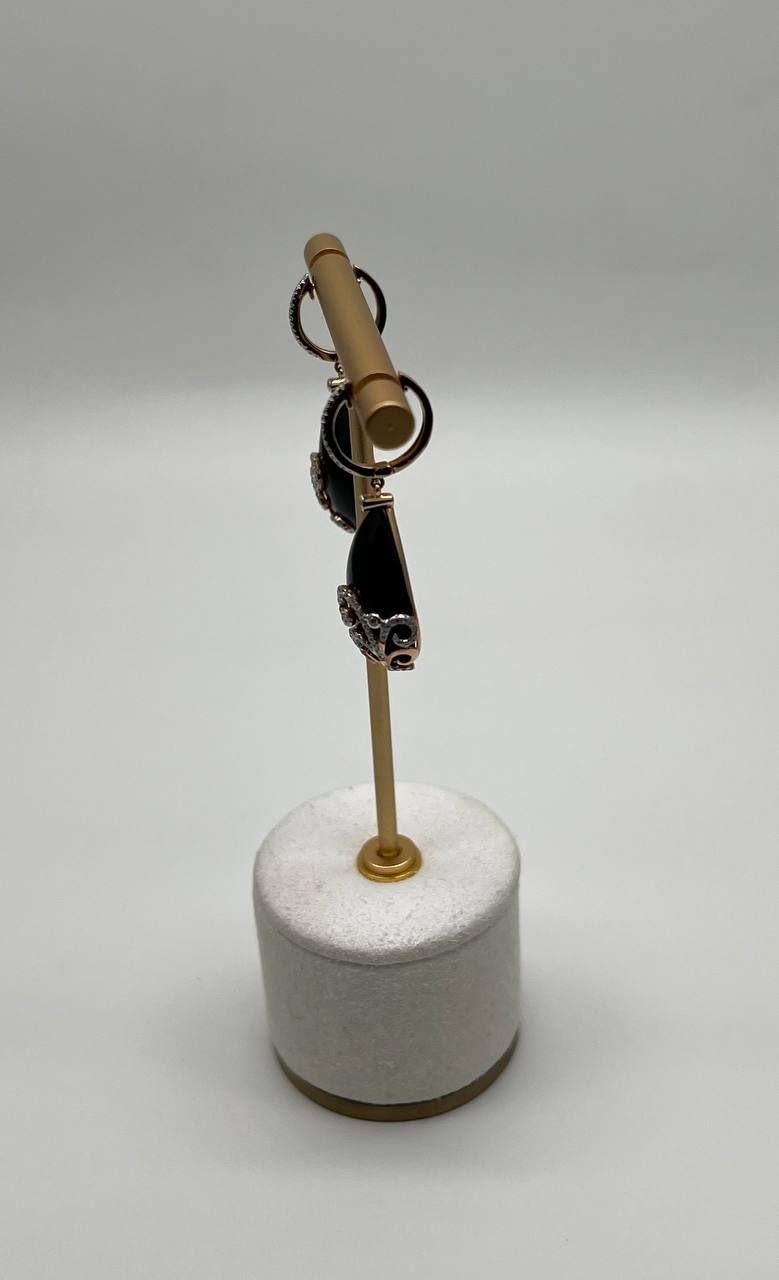 Black Onyx Cabochon Diamond 18 Karat Rose Yellow Gold Floral Swirl Drop Earrings For Sale 2