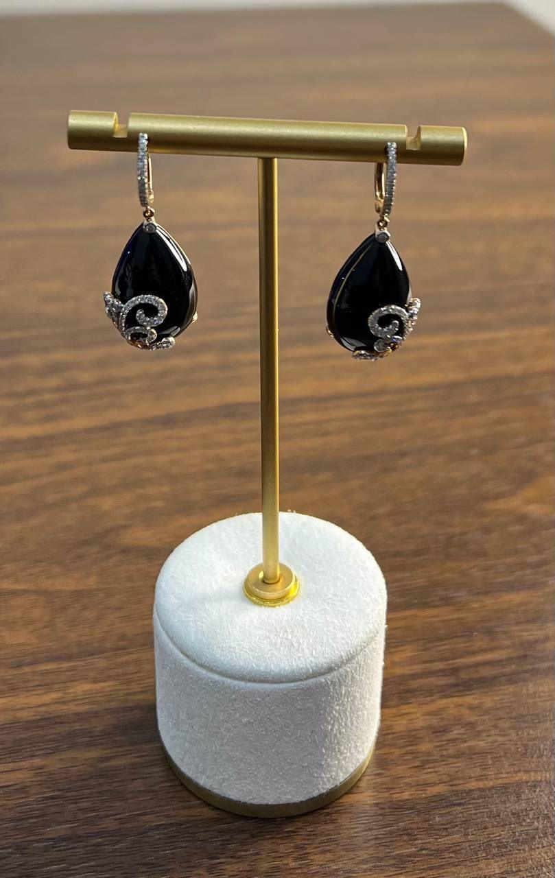 Black Onyx Cabochon Diamond 18 Karat Rose Yellow Gold Floral Swirl Drop Earrings For Sale 3