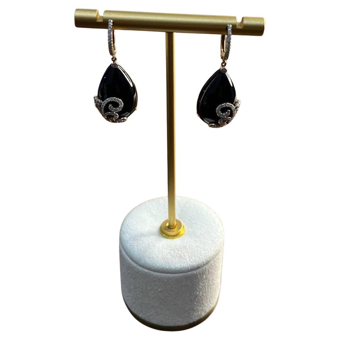 Black Onyx Cabochon Diamond 18 Karat Rose Yellow Gold Floral Swirl Drop Earrings