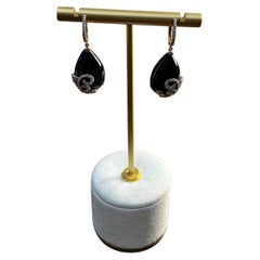 Black Onyx Cabochon Diamond 18 Karat Rose Yellow Gold Floral Swirl Drop Earrings