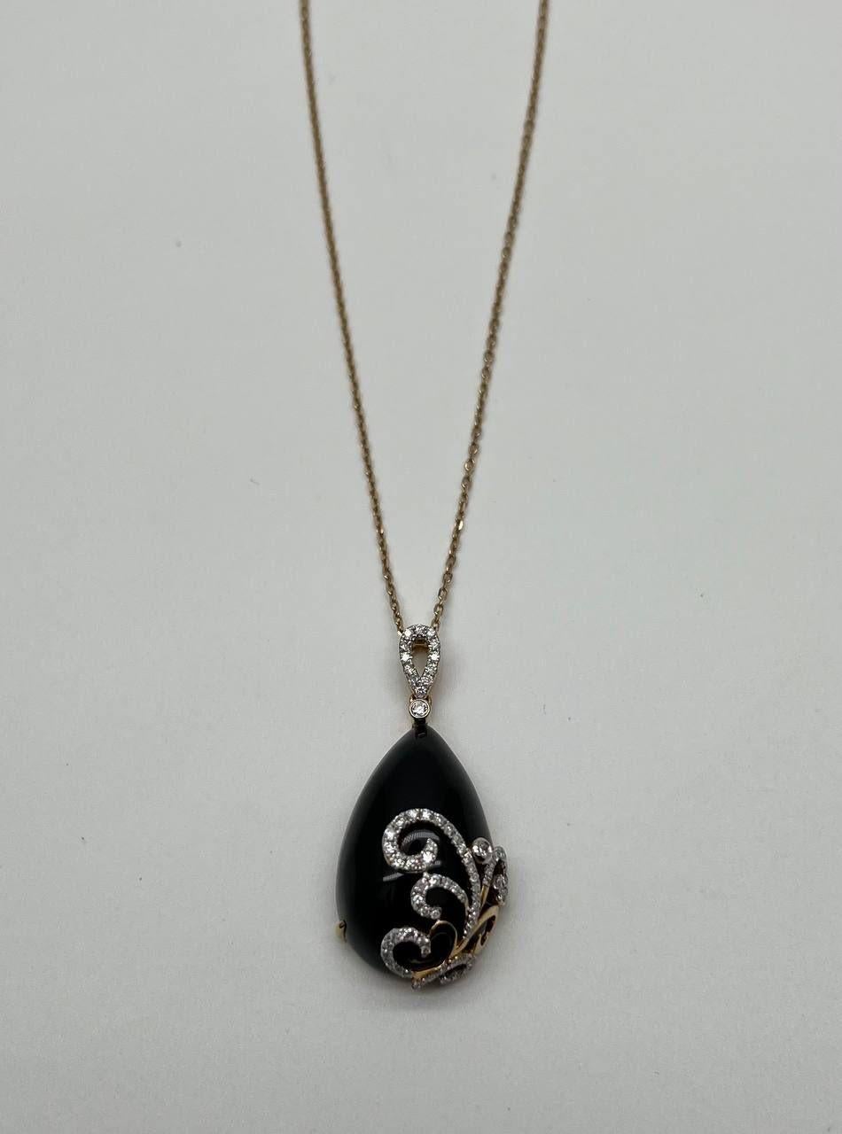 Women's Black Onyx Cabochon Diamond 18 Karat Yellow Gold Floral Swirl Necklace Pendant For Sale
